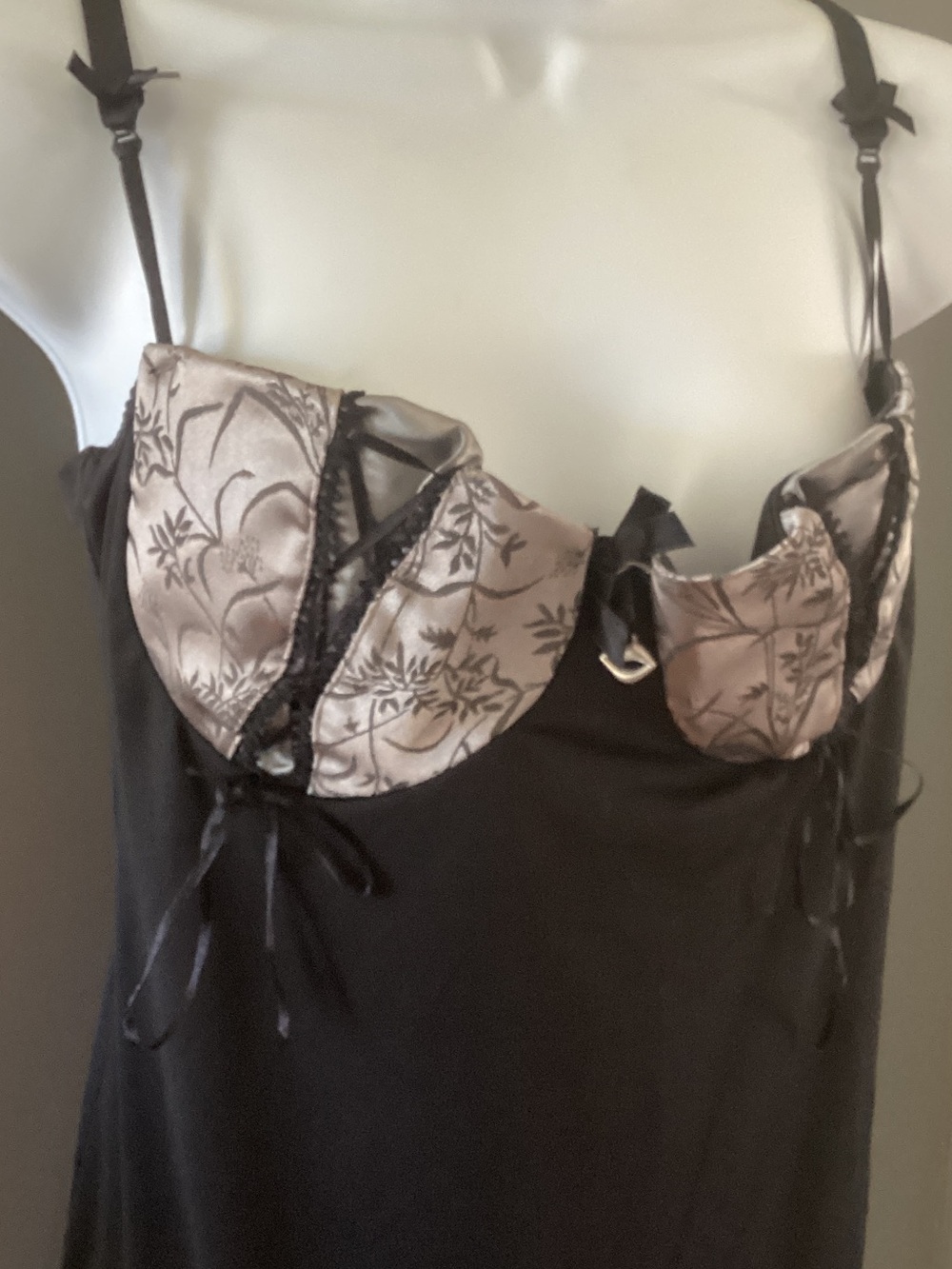 Black Satin Chemise with Cream Floral Cups and Adjustable Straps - Picture 2 of 6